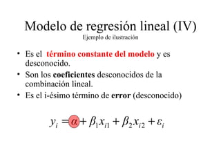 Modelo de regresión lineal (IV)  Ejemplo de ilustración Es el  término constante del modelo  y es desconocido. Son los  coeficientes  desconocidos de la combinación lineal. Es el i-ésimo término de  error  (desconocido) 
