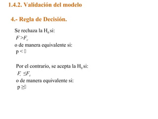 1.4.2. Validación del modelo

 4.- Regla de Decisión.
  Se rechaza la H0 si:
   F >Fc
  o de manera equivalente si:
   p<

   Por el contrario, se acepta la H0 si:
    F  ≤Fc
   o de manera equivalente si:
    p ≥
 