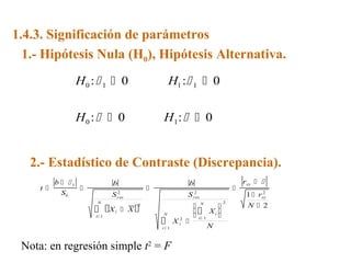 1.4.3. Significación de parámetros
  1.- Hipótesis Nula (H0), Hipótesis Alternativa.
                H0 :  1  0                     H1 :  1  0


                H0 :   0                   H1:   0


   2.- Estadístico de Contraste (Discrepancia).
           b  1            b                              b                  rxy  
     t                                                                  
             Sb                2
                             S res                         2
                                                        S res                        2
                                                                                1  rxy
                      N                                                2
                                     2                       N                N  2
                       X
                      i 1
                              i    X
                                             N
                                                              Xi 
                                                             i 1 
                                                  X i2 
                                                                N
                                             i1




 Nota: en regresión simple t2 = F
 