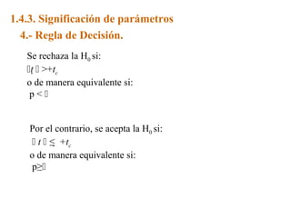 1.4.3. Significación de parámetros
  4.- Regla de Decisión.
   Se rechaza la H0 si:
   t  >+tc
   o de manera equivalente si:
    p<


    Por el contrario, se acepta la H0 si:
      t  ≤  +tc
    o de manera equivalente si:
     p≥
 