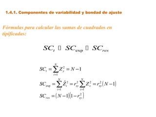 1.4.1. Componentes de variabilidad y bondad de ajuste
Fórmulas para calcular las sumas de cuadrados en
tipificadas:
SC SC SCt res exp
( )
( )( )2
2
1
22
1
2
exp
1
2
11
1ˆ
1
xyres
xy
N
i
xxy
N
i
i
N
i
yt
rNSC
NrZrZSC
NZSC
−−=
−===
−==
∑∑
∑
==
=
 