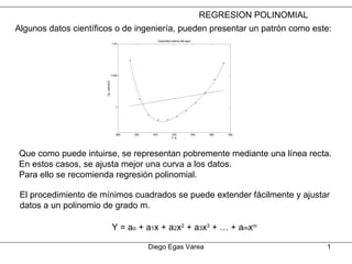 Diego Egas Varea REGRESION POLINOMIAL Algunos datos científicos o de ingeniería, pueden presentar un patrón como este: Que como puede intuirse, se representan pobremente mediante una línea recta. En estos casos, se ajusta mejor una curva a los datos.  Para ello se recomienda regresión polinomial. El procedimiento de mínimos cuadrados se puede extender fácilmente y ajustar datos a un polinomio de grado m. Y = a o  + a 1 x + a 2 x 2  + a 3 x 3  + … + a m x m 
