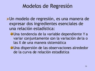 Modelos de Regresión Un modelo de regresión, es una manera de expresar dos ingredientes esenciales de una relación estadística: Una tendencia de la variable dependiente Y a variar conjuntamente con la variación de la o las X de una manera sistemática Una dispersión de las observaciones alrededor de la curva de relación estadística 
