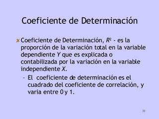 Coeficiente de Determinación Coeficiente de Determinación,  R 2  - es la proporción de la variación total en la variable dependiente  Y  que es explicada o contabilizada por la variación en la variable independiente  X .  El  coeficiente de determinación es el cuadrado del coeficiente de correlación, y varia entre 0 y 1. 