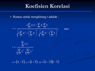 Koefisien Korelasi
      
Y
Y
X
X
xy
Y
Y
y
X
X
x 





 ;
;
2
1 1
2
2
1 1
2
1 1 1
 
 
  
 
 
  
















n
i
n
i
i
i
n
i
n
i
i
i
n
i
n
i
n
i
i
i
i
i
Y
Y
n
X
X
n
Y
X
Y
X
n
r







n
i
i
n
i
i
n
i
i
i
y
x
y
x
r
1
2
1
2
1
atau
• Rumus untuk menghitung r adalah :
 