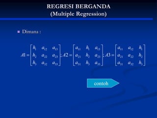 REGRESI BERGANDA
(Multiple Regression)
 Dimana :

































3
32
31
2
22
21
1
12
11
33
3
31
23
2
21
13
1
11
33
32
3
23
22
2
13
12
1
3
;
2
;
1
h
a
a
h
a
a
h
a
a
A
a
h
a
a
h
a
a
h
a
A
a
a
h
a
a
h
a
a
h
A
contoh
 