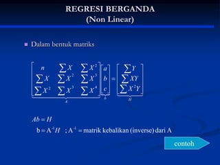 REGRESI BERGANDA
(Non Linear)
 Dalam bentuk matriks

A
dari
(inverse)
kebalikan
matrik
A
;
A
b 1
-
1
-
2
4
3
2
3
2
2















































H
H
Ab
Y
X
XY
Y
c
b
a
X
X
X
X
X
X
X
X
n
H
b
A








 



 

contoh
 