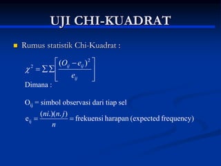 UJI CHI-KUADRAT
 Rumus statistik Chi-Kuadrat :







 



ij
ij
ij
e
e
O 2
2
)
(

frequency)
(expected
harapan
frekuensi
)
.
.)(
(
eij 

n
j
n
ni
Dimana :
Oij = simbol observasi dari tiap sel
 