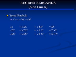 REGRESI BERGANDA
(Non Linear)
 Trend Parabola
 Y = a + bX + cX2
an + b X + c X2 = Y
aX + b X2 + c  X3 =  XY
aX2 + b X3 + c  X4 =  X2Y
 
