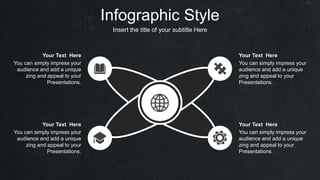 Infographic Style
Insert the title of your subtitle Here
You can simply impress your
audience and add a unique
zing and appeal to your
Presentations.
Your Text Here
You can simply impress your
audience and add a unique
zing and appeal to your
Presentations.
Your Text Here
You can simply impress your
audience and add a unique
zing and appeal to your
Presentations.
Your Text Here
You can simply impress your
audience and add a unique
zing and appeal to your
Presentations.
Your Text Here
 