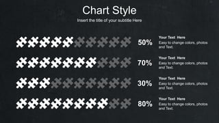 Chart Style
Insert the title of your subtitle Here
30%
50%
70%
Easy to change colors, photos
and Text.
Your Text Here
Easy to change colors, photos
and Text.
Your Text Here
Easy to change colors, photos
and Text.
Your Text Here
80% Easy to change colors, photos
and Text.
Your Text Here
 