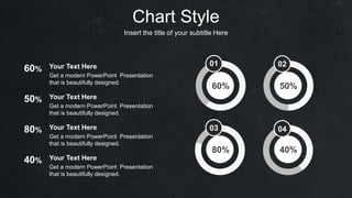 Chart Style
Insert the title of your subtitle Here
60%
50%
80%
40%
Your Text Here
Get a modern PowerPoint Presentation
that is beautifully designed.
Your Text Here
Get a modern PowerPoint Presentation
that is beautifully designed.
Your Text Here
Get a modern PowerPoint Presentation
that is beautifully designed.
Your Text Here
Get a modern PowerPoint Presentation
that is beautifully designed.
60% 50%
40%
80%
01 02
03 04
 
