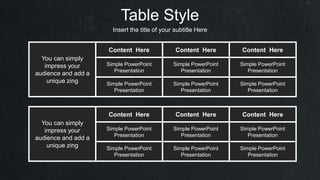 Table Style
Insert the title of your subtitle Here
You can simply
impress your
audience and add a
unique zing
Content Here Content Here Content Here
Simple PowerPoint
Presentation
Simple PowerPoint
Presentation
Simple PowerPoint
Presentation
Simple PowerPoint
Presentation
Simple PowerPoint
Presentation
Simple PowerPoint
Presentation
You can simply
impress your
audience and add a
unique zing
Content Here Content Here Content Here
Simple PowerPoint
Presentation
Simple PowerPoint
Presentation
Simple PowerPoint
Presentation
Simple PowerPoint
Presentation
Simple PowerPoint
Presentation
Simple PowerPoint
Presentation
 