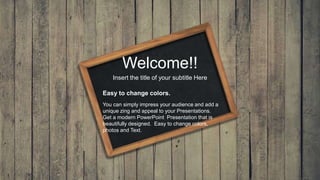 Welcome!!
Insert the title of your subtitle Here
You can simply impress your audience and add a
unique zing and appeal to your Presentations.
Get a modern PowerPoint Presentation that is
beautifully designed. Easy to change colors,
photos and Text.
Easy to change colors.
 