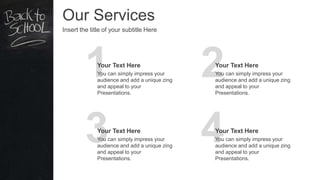 Our Services
Insert the title of your subtitle Here
1
Your Text Here
You can simply impress your
audience and add a unique zing
and appeal to your
Presentations.
2
Your Text Here
You can simply impress your
audience and add a unique zing
and appeal to your
Presentations.
3
Your Text Here
You can simply impress your
audience and add a unique zing
and appeal to your
Presentations.
4
Your Text Here
You can simply impress your
audience and add a unique zing
and appeal to your
Presentations.
 