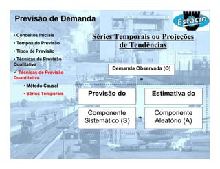 Previsão de Demanda
• Conceitos Iniciais
                           Séries Temporais ou Projeções
• Tempos de Previsão
                                   de Tendências
• Tipos de Previsão
• Técnicas de Previsão
Qualitativa
                                  Demanda Observada (O)
 Técnicas de Previsão
Quantitativa                               =
    • Método Causal
    • Séries Temporais    Previsão do           Estimativa do

                          Componente             Componente
                         Sistemático (S)   +     Aleatório (A)
 