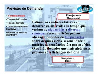 Previsão de Demanda
  Conceitos Iniciais                           Planejamento
                                                Operacional
• Tempos de Previsão
• Tipos de Previsão      Estimar as condições futuras no
• Técnicas de Previsão   decorrer de intervalos de tempo que
Qualitativa
                         variam de alguns dias a diversas
•Técnicas de Previsão
Quantitativa
                         semanas. Essas previsões podem
                         abranger períodos de tempo curtos
                         sobre os quais ciclos, sazonalidade e
                         padrões de tendências têm pouco efeito.
                         O padrão de dados que mais afeta essas
                         previsões é a flutuação aleatória.
                                           Planejamento
                                              Tático
 