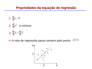 1)
2) é mínima
3)
4) A reta de regressão passa sempre pelo ponto
0
1
=
∑
=
n
i
i
e
∑
=
n
i
i
e
1
2
∑
∑ =
=
=
n
i
i
n
i
i Y
Y
1
1
ˆ
Propriedades da equação de regressão
Propriedades da equação de regressão
)
,
( Y
X
X
Y
X
Y
 