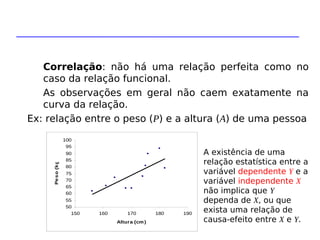 Correlação: não há uma relação perfeita como no
caso da relação funcional.
As observações em geral não caem exatamente na
curva da relação.
Ex: relação entre o peso (P) e a altura (A) de uma pessoa
50
55
60
65
70
75
80
85
90
95
100
150 160 170 180 190
Altura (cm)
Peso
(kg)
A existência de uma
relação estatística entre a
variável dependente Y e a
variável independente X
não implica que Y
dependa de X, ou que
exista uma relação de
causa-efeito entre X e Y.
 