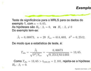 Exemplo
Teste de signiﬁcância para o MRLS para os dados do
exemplo 1, com α = 0, 05.
As hipóteses são H0 : β1 = 0, vs H1 : β1 = 0
Do exemplo tem-se:
ˆβ1 = 0, 00873, n = 20 Sxx = 614, 603, ˆσ2
= 0, 2512,
De modo que a estatística de teste, é:
Tobs =
ˆβ1
ˆσ2/Sxx
=
0, 00873
0, 2513/614.603
= 13, 65.
Como Tobs = 13, 65 > t0,03,18 = 2, 101, rejeita-se a hipótese
H0 : β1 = 0.
Regress˜ao Linear Simples – p. 31/6
 