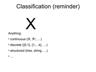 Classification (reminder) X Anything: continuous (  ,   d , …) discrete ({0,1}, {1,…k}, …) structured (tree, string, …) … 