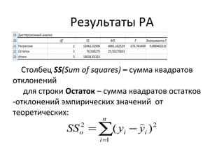 Результаты РА 
Столбец SS(Sum of squares) – сумма квадратов 
отклонений 
для строки Остаток – сумма квадратов остатков 
-отклонений эмпирических значений от 
теоретических: 
n 
2 ( )2  
å= 
SS = y - 
y 
o i i i 
1 
 