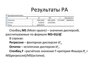 Результаты РА 
Столбец MS (Mean square) – значения дисперсий, 
рассчитываемые по формуле MS=SS/df. 
В строках: 
Регрессия – факторная дисперсия σ2 
ф, 
Остаток – остаточная дисперсия σ2 
о. 
Столбец F –расчётное значение F-критерия Фишера Fp = 
MS(регрессия)/MS(остатки). 
 
