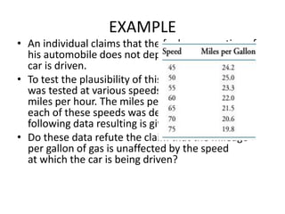 EXAMPLE
• An individual claims that the fuel consumption of
his automobile does not depend on how fast the
car is driven.
• To test the plausibility of this hypothesis, the car
was tested at various speeds between 45 and 70
miles per hour. The miles per gallon attained at
each of these speeds was determined, with the
following data resulting is given.
• Do these data refute the claim that the mileage
per gallon of gas is unaffected by the speed
at which the car is being driven?
 