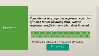 Example
X 5 6 8 10 12 13 15 16 17
Y 16 19 23 28 36 41 44 45 50
Compute the least squares regression equation
of Y on X for the following data. What is
regression coefficient and what does it mean?
We Know, the estimated regression line of Y on X is
𝑌 = 𝑎 + 𝑏𝑋
 