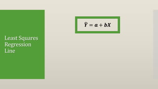 Least Squares
Regression
Line
𝒀 = 𝒂 + 𝒃𝑿
 