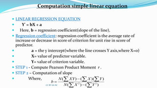 Computation simple linear equation
 LINEAR REGRESSION EQUATION
 Y' = bX + a
 Here, b = regression coefficient(slope of the line),
 Regression coefficient: regression coefficient is the average rate of
increase or decrease in score of criterion for unit rise in score of
predictor.
 a = the y intercept(where the line crosses Y axis,where X=0)
 X= value of predictor variable.
 Y= value of criterion variable.
 STEP 1 - Compute Pearson Product Moment r .
 STEP 2 – Computation of slope
 Where,
CC BY-SA-NC )()(
))(()(
22





YXN
YXXYN
b
 