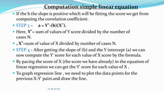 Computation simple linear equation
 If the b the slope is positive which will be fitting the score we get from
computing the correlation coefficient.
 STEP 3 – a = Y"-(b)(X").
 Here, Y"= sum of values of Y score divided by the number of
cases N.
 , X"=sum of value of X divided by number of cases N.
 STEP 4 - After getting the slope of (b) and the Y intercept (a) we can
now compute the Y' score for each value of X score by the formula.
 By pacing the score of X (the score we have already) in the equation of
linear regression we can get the Y' score for each value of X .
 To graph regression line , we need to plot the data points for the
previous X-Y' pairs and draw the line.
CC BY-SA-NC
 