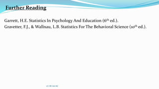 Further Reading
Garrett, H.E. Statistics In Psychology And Education (6th ed.).
Gravetter, F.J., & Wallnau, L.B. Statistics For The Behavioral Science (10th ed.).
CC BY-SA-NC
 