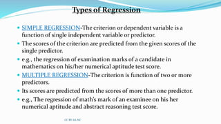 Types of Regression
 SIMPLE REGRESSION-The criterion or dependent variable is a
function of single independent variable or predictor.
 The scores of the criterion are predicted from the given scores of the
single predictor.
 e.g., the regression of examination marks of a candidate in
mathematics on his/her numerical aptitude test score.
 MULTIPLE REGRESSION-The criterion is function of two or more
predictors.
 Its scores are predicted from the scores of more than one predictor.
 e.g., The regression of math’s mark of an examinee on his her
numerical aptitude and abstract reasoning test score.
CC BY-SA-NC
 