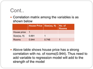 Cont..
 Correlation matrix among the variables is as
shown below
 Above table shows house price has a strong
correlation with no. of rooms(0.944). Thus need to
add variable to regression model will add to the
strength of the model
House Price Size(sq. ft) No. of
Rooms
House price 1
Size(sq. ft) 0.891 1
Rooms 0.944 0.748 1
 