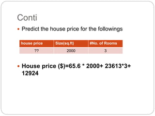 Conti
 Predict the house price for the followings
 House price ($)=65.6 * 2000+ 23613*3+
12924
house price Size(sq.ft) #No. of Rooms
?? 2000 3
 