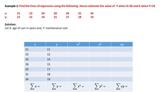Example 1: Find the lines of regression using the following. Hence estimate the value of Y when X=30 and X when Y=16
x: 21 23 24 28 29 31 34
y: 11 12 14 15 17 18 19
Solution:
Let X: age of cars in years and, Y: maintenance cost
𝒙 𝒚 𝒙𝟐 𝒚𝟐 𝒙𝒚
21 11
23 12
24 14
28 15
29 17
31 18
34 19
𝒙 = 𝒚 = 𝒙𝟐 = 𝒚𝟐 = 𝒙𝒚 =
 