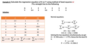Example 2: Calculate the regression equation of X on Y using method of least squares or
Fit a straight line to the following
X: 1 2 3 4 6 8
Y: 2.4 3 3.6 4 5 6
Solution:
𝒙 𝒚 𝒙𝟐 𝒙𝒚
1 2.4 1 2.4
2 3 4 6
3 3.6 9 10.8
4 4 16 16
6 5 36 30
8 6 64 48
𝑥 = 24 𝒚 = 24 𝒙𝟐
= 130 𝒙 𝑦 = 113.2
Normal equations
𝒚 = 𝒏 𝒂 + 𝒃 𝒙
𝒙𝒚 = 𝒂 𝒙 + 𝒃 𝒙𝟐
𝟐𝟒 = 𝟔𝒂 + 𝟐𝟒𝒃
𝟏𝟏𝟑. 𝟐 = 𝟐𝟒𝒂 + 𝟏𝟑𝟎𝒃
Solving the two equations simultaneously, we get
𝒃 = 𝟎. 𝟓𝟎𝟔 and 𝒂 = 𝟏. 𝟗𝟕𝟔. Hence the line best fit
is
𝒀 = 𝒂 + 𝒃𝑿
𝒀 = 𝟏. 𝟗𝟕𝟔 + 𝟎. 𝟓𝟎𝟔 𝑿
 