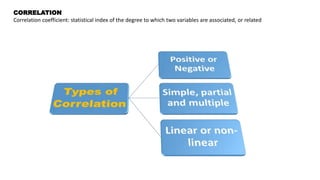 CORRELATION
Correlation coefficient: statistical index of the degree to which two variables are associated, or related
 