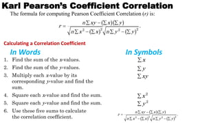 Karl Pearson’s Coefficient Correlation
The formula for computing Pearson Coefficient Correlation (r) is:
  
   
2 2
2 2
.
n xy x y
r
n x x n y y
   

     
Calculating a Correlation Coefficient
In Words In Symbols
x

y

xy

2
x

2
y

  
   
2 2
2 2
.
n xy x y
r
n x x n y y
   

     
1. Find the sum of the x-values.
2. Find the sum of the y-values.
3. Multiply each x-value by its
corresponding y-value and find the
sum.
4. Square each x-value and find the sum.
5. Square each y-value and find the sum.
6. Use these five sums to calculate
the correlation coefficient.
 
