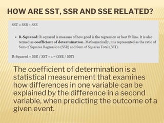HOW ARE SST, SSR AND SSE RELATED?
The coefficient of determination is a
statistical measurement that examines
how differences in one variable can be
explained by the difference in a second
variable, when predicting the outcome of a
given event.
 