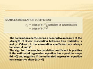 The correlation coefficient as a descriptive measure of the
strength of linear association between two variables, x
and y. Values of the correlation coefficient are always
between -1 and +1.
The sign for the sample correlation coefficient is positive
if the estimated regression equation has a positive slope
(b1 >0) and negative if the estimated regression equation
has a negative slope (b1 < 0)
 