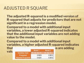 ADJUSTED R SQUARE
� The adjusted R-squared is a modified version of
R-squared that adjusts for predictors that are not
significant in a regression model.
� Compared to a model with additional input
variables, a lower adjusted R-squared indicates
that the additional input variables are not adding
value to the model.
� Compared to a model with additional input
variables, a higher adjusted R-squared indicates
that the additional input variables are adding
value to the model.
�
 