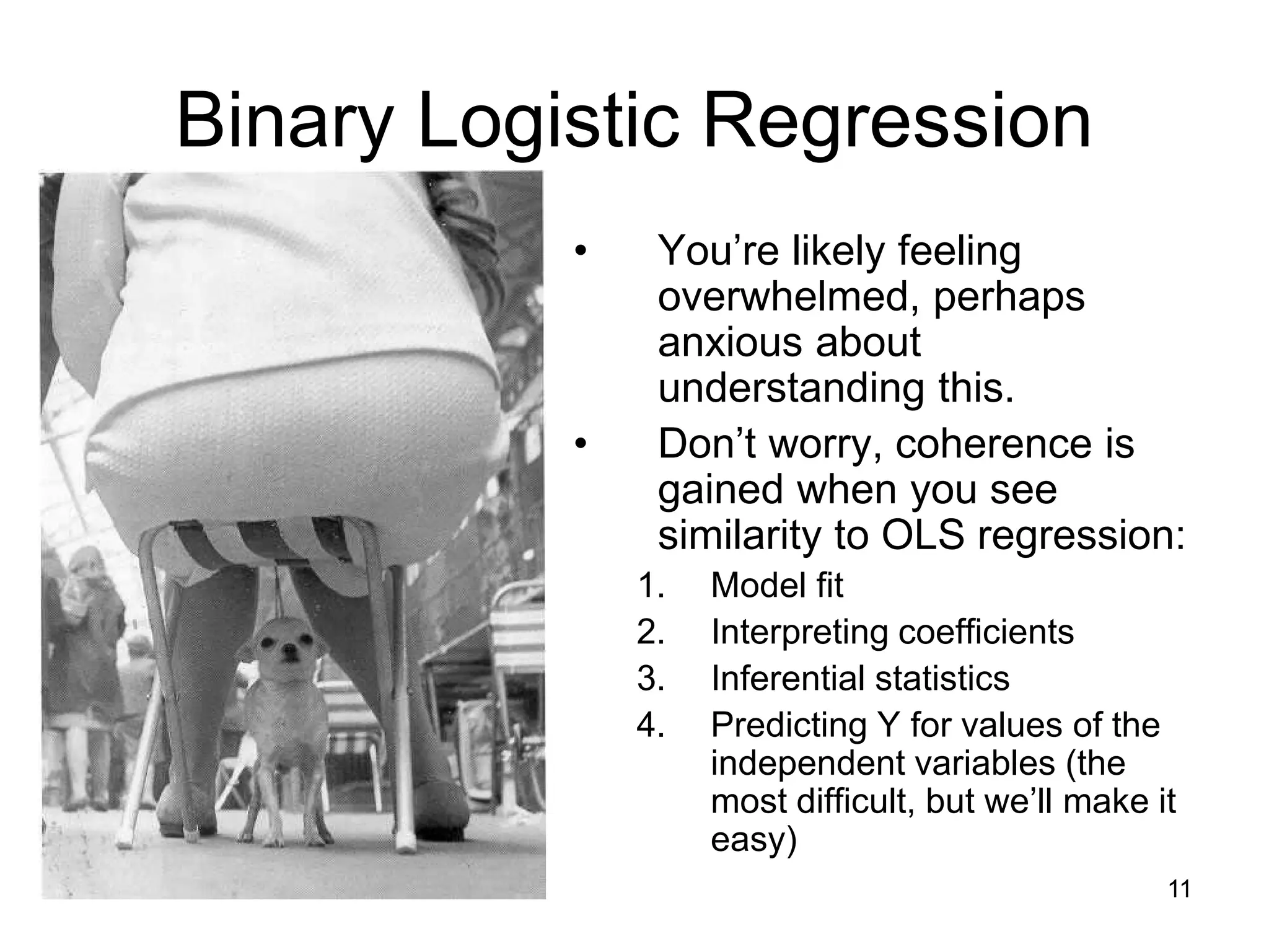 Binary Logistic Regression
• You’re likely feeling
overwhelmed, perhaps
anxious about
understanding this.
• Don’t worry, coherence is
gained when you see
similarity to OLS regression:
1. Model fit
2. Interpreting coefficients
3. Inferential statistics
4. Predicting Y for values of the
independent variables (the
most difficult, but we’ll make it
easy)
11
 