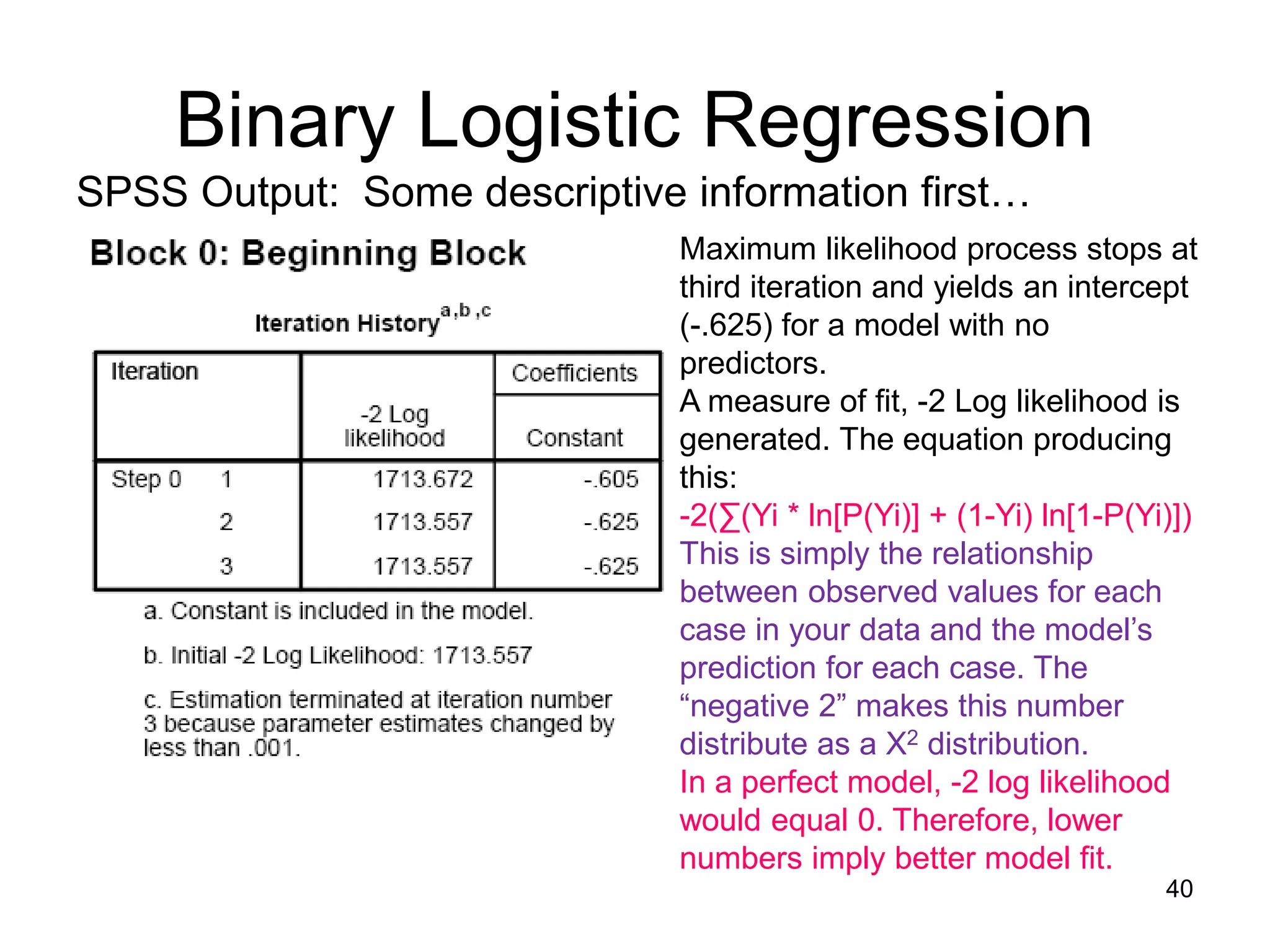 Binary Logistic Regression
SPSS Output: Some descriptive information first…
Maximum likelihood process stops at
third iteration and yields an intercept
(-.625) for a model with no
predictors.
A measure of fit, -2 Log likelihood is
generated. The equation producing
this:
-2(∑(Yi * ln[P(Yi)] + (1-Yi) ln[1-P(Yi)])
This is simply the relationship
between observed values for each
case in your data and the model’s
prediction for each case. The
“negative 2” makes this number
distribute as a X2 distribution.
In a perfect model, -2 log likelihood
would equal 0. Therefore, lower
numbers imply better model fit.
40
 