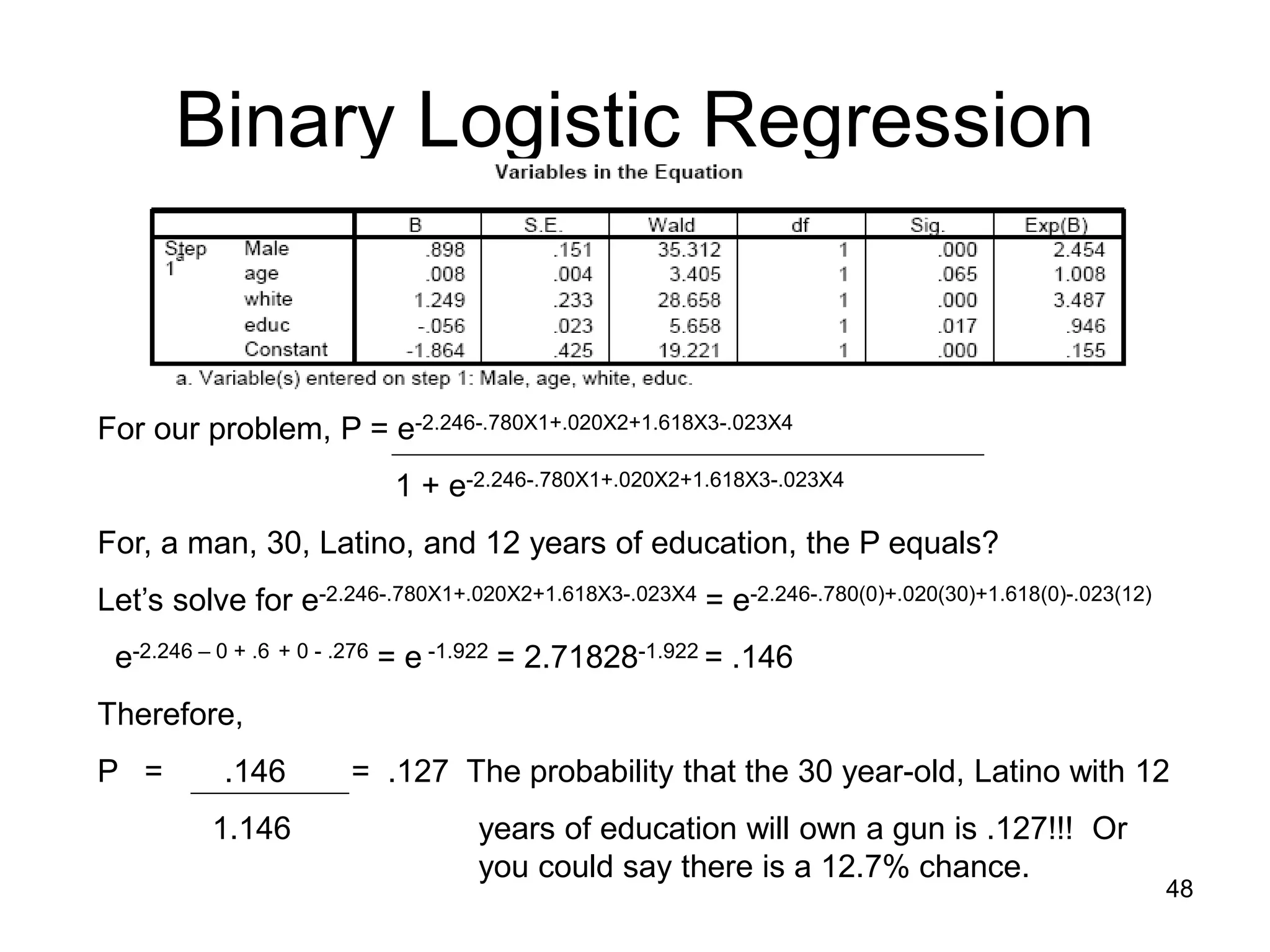 Binary Logistic Regression
For our problem, P = e-2.246-.780X1+.020X2+1.618X3-.023X4
1 + e-2.246-.780X1+.020X2+1.618X3-.023X4
For, a man, 30, Latino, and 12 years of education, the P equals?
Let’s solve for e-2.246-.780X1+.020X2+1.618X3-.023X4 = e-2.246-.780(0)+.020(30)+1.618(0)-.023(12)
e-2.246 – 0 + .6 + 0 - .276 = e -1.922 = 2.71828-1.922 = .146
Therefore,
P = .146 = .127 The probability that the 30 year-old, Latino with 12
1.146 years of education will own a gun is .127!!! Or
you could say there is a 12.7% chance.
48
 