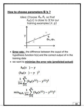 10
How to choose parameters θi‘s ?
• Error rate : the diffirence between the ouput of the
hypothesis function h(x) and the correct output of in the
training data
• we want to minimize the error rate (predicted-actual)
 