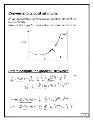 22
Converge to a local minimum,
As we approach a local minimum, gradient descent will
automatically
take smaller steps. So, no need to decrease α over time.
How to compute the gradient –derivative
 
