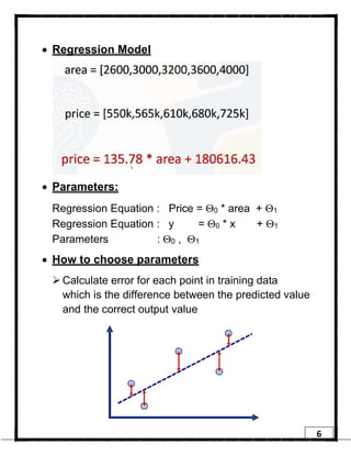 6
• Regression Model
• Parameters:
Regression Equation : Price = Q0 * area + Q1
Regression Equation : y = Q0 * x + Q1
Parameters : Q0 , Q1
• How to choose parameters
Ø Calculate error for each point in training data
which is the difference between the predicted value
and the correct output value
 