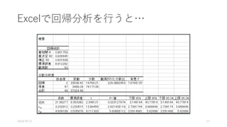 Excelで回帰分析を⾏うと…
2016/8/13 17
 